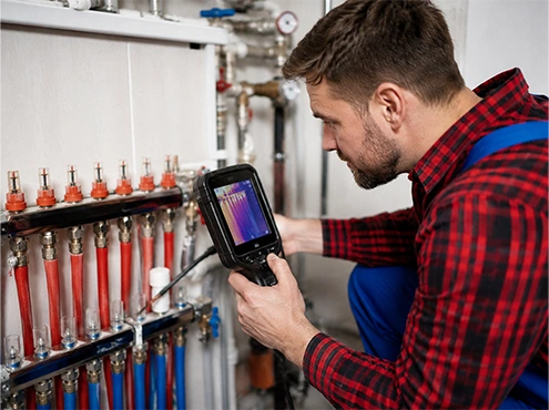 Technician fixing hydronic heating system